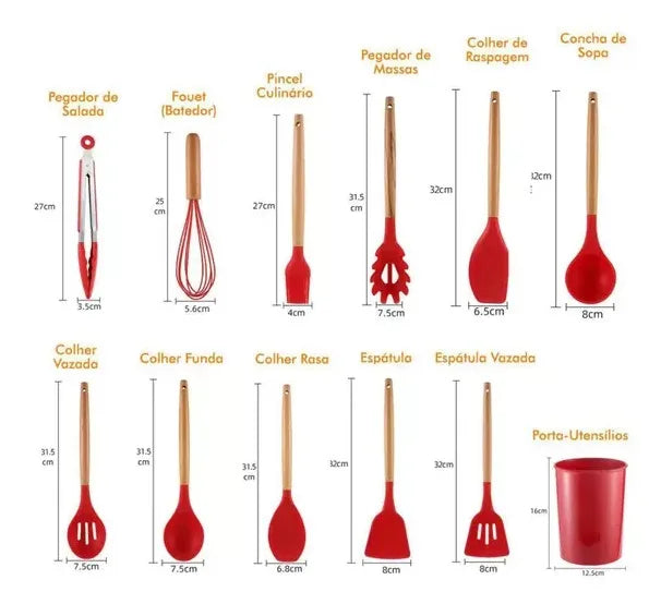 Kit 11 peças de utensílios para cozinha de silicone antiaderente com suporte